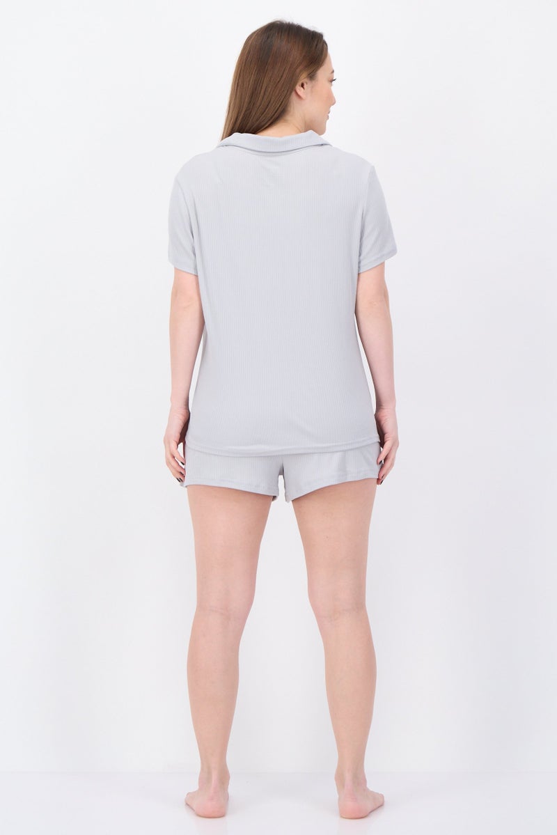 NINE WEST Women 2 Pieces Ribbed Shirt And Shorts Pajama Set, Grey - Image 3